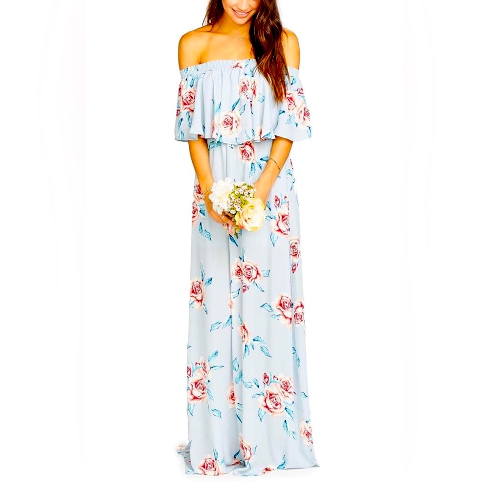 Show Me Your MuMu Hacienda Maxi Dress Blue Pink Off-Shoulder Sundress Wedding